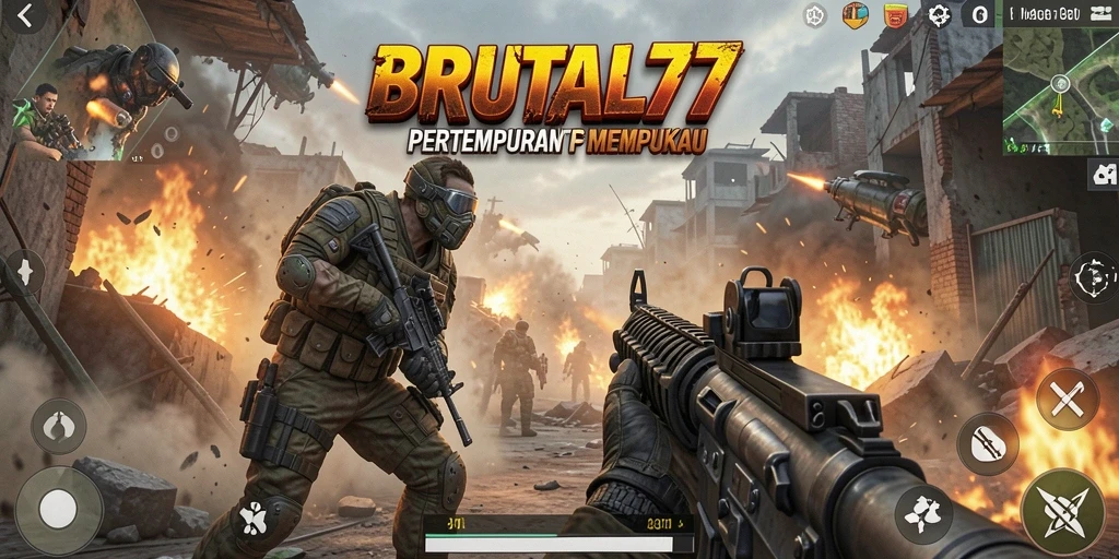 Screenshot gameplay BRUTAL77 yang menampilkan aksi tembak-menembak yang intens.