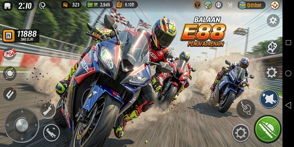 Tangkapan layar E88 menampilkan aksi balapan motor yang intens dan menegangkan.