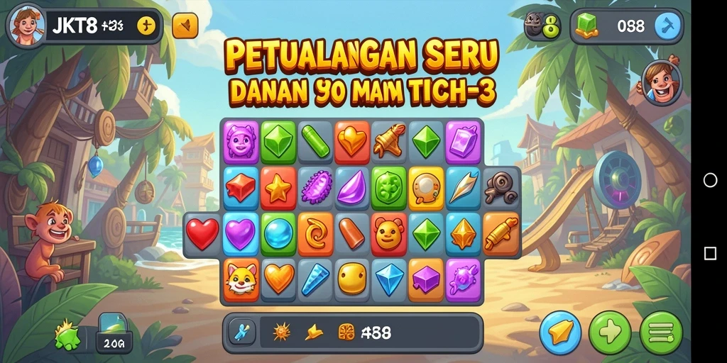 Tampilan menarik dari gameplay Match-3 di JKT8.