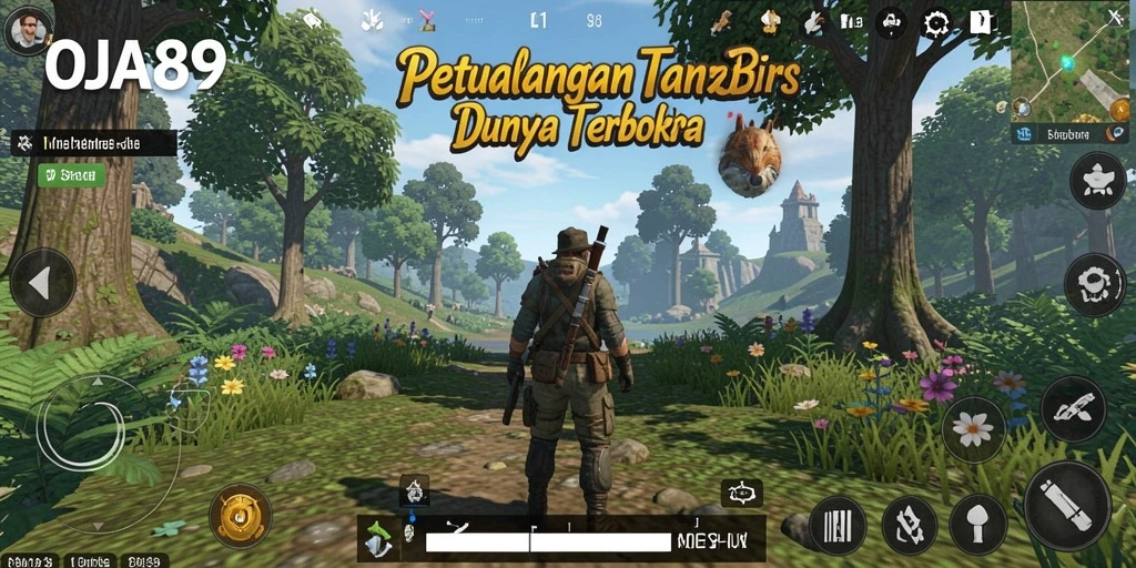 Screenshot gameplay OJA89 menampilkan karakter menjelajahi dunia terbuka yang luas.