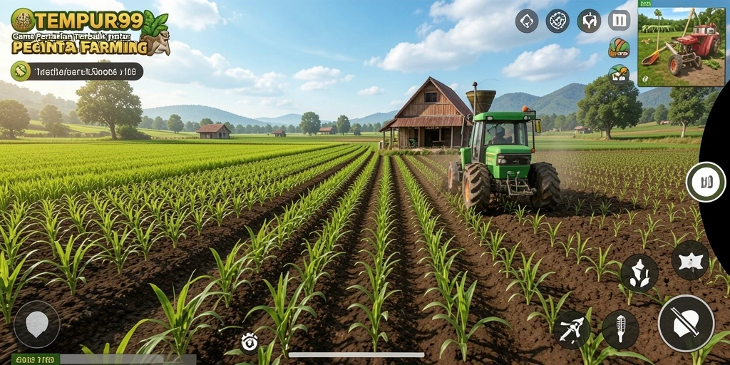 Tampilan gameplay TEMPUR99 yang menampilkan proses bertani yang seru.