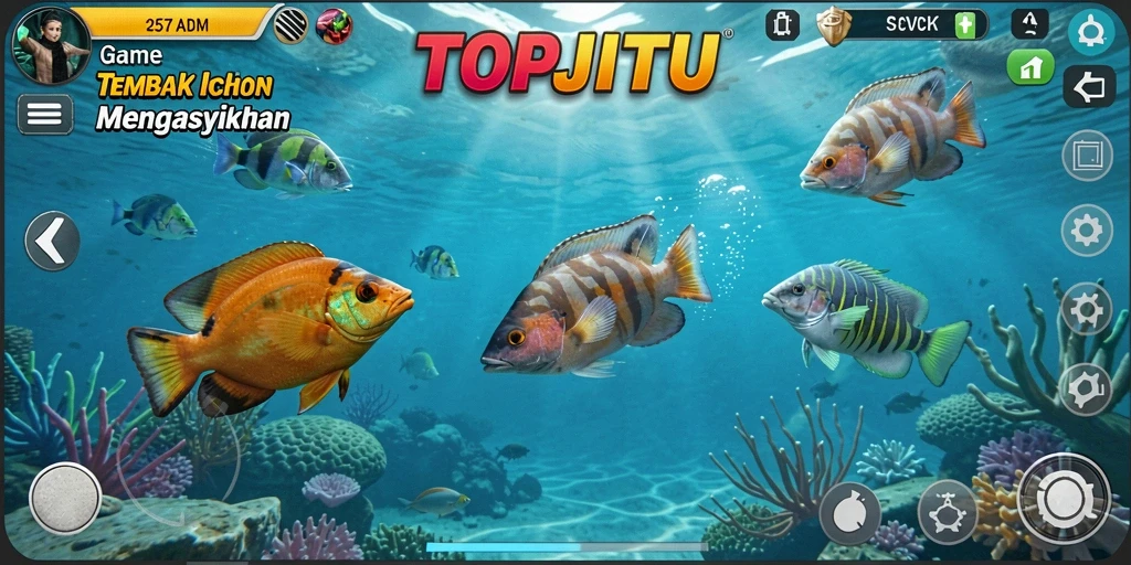Screenshot gameplay TOPJITU menampilkan aksi menembak ikan yang mendebarkan.